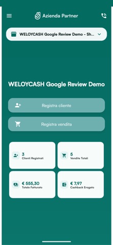 Schermata dell'app WELOYCASH Azienda Partner