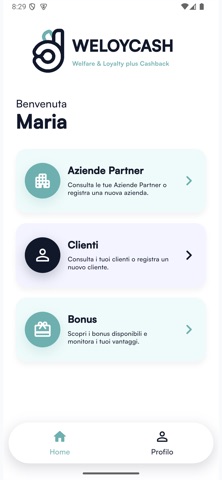 Schermata dell'app WELOYCASH Sales Advisor